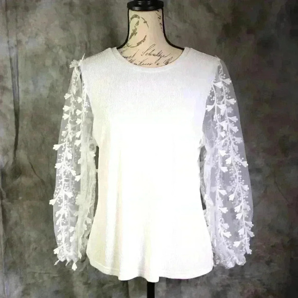 SHEIN Tops - Shein Women's large white pullover stretch blouse with sheer long sleeves.